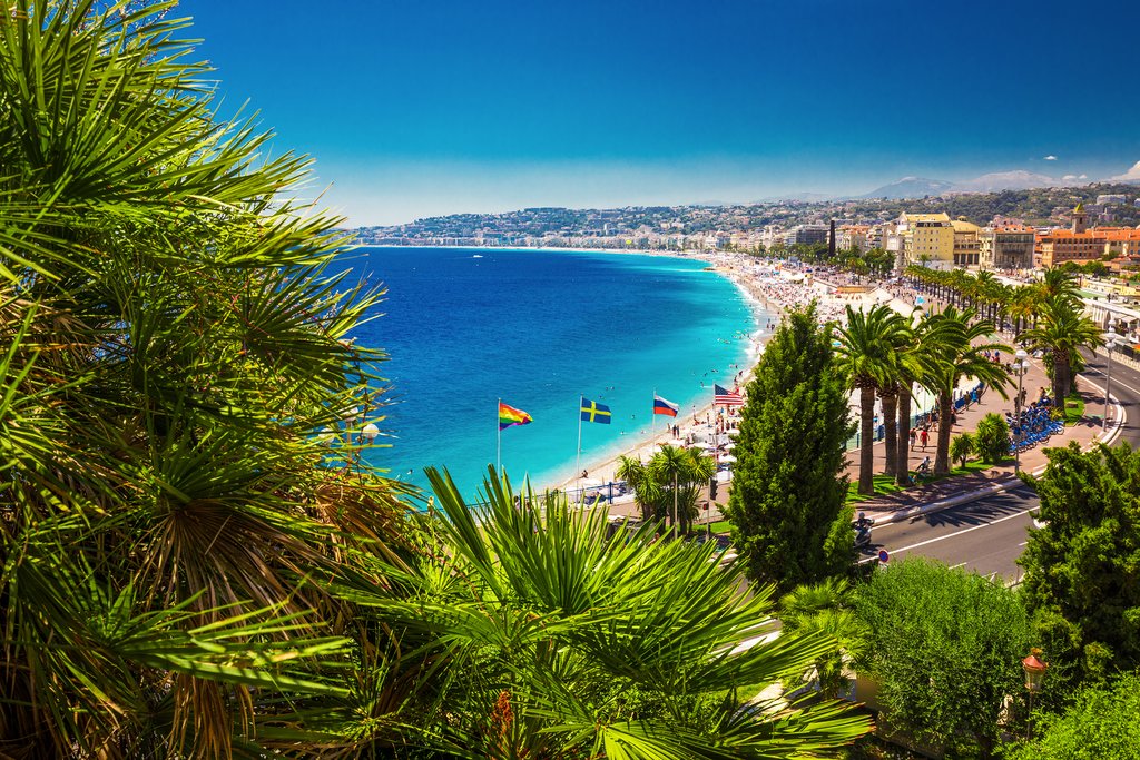 Mediterranean beach and waterfront promenade on the French Riviera